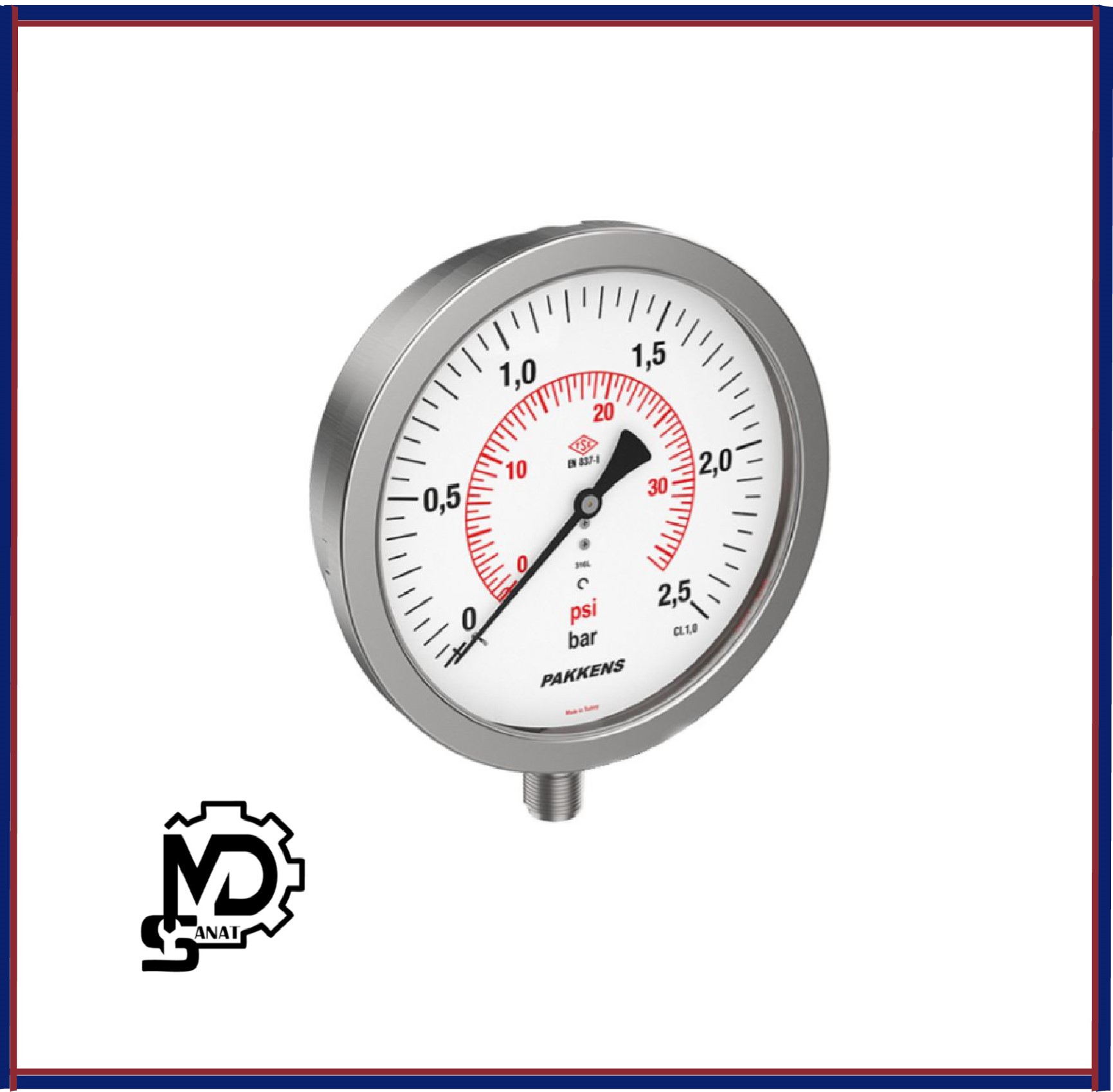 Untitled-2 مانومتر صفحه 16 سانت تمام استیل خشک پکنز PAKKENS مدلMH160 | گیج فشار خشک